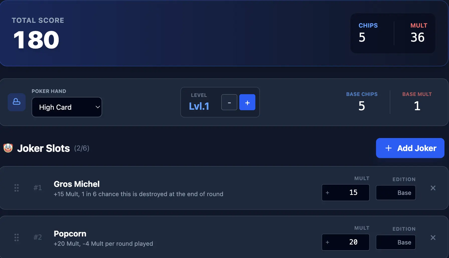 Balatro score calculator showing Gros Michel and Popcorn resulting in lower additive score