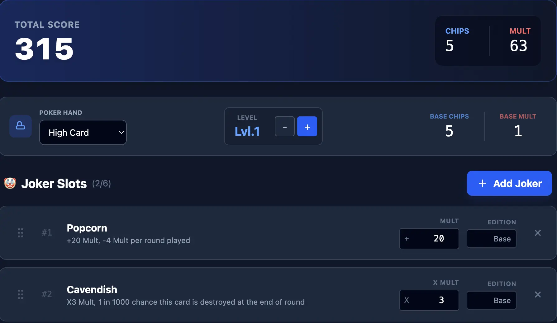 Balatro score calculator demonstrating massive score increase using Cavendish x3 multiplier compared to basic jokers
