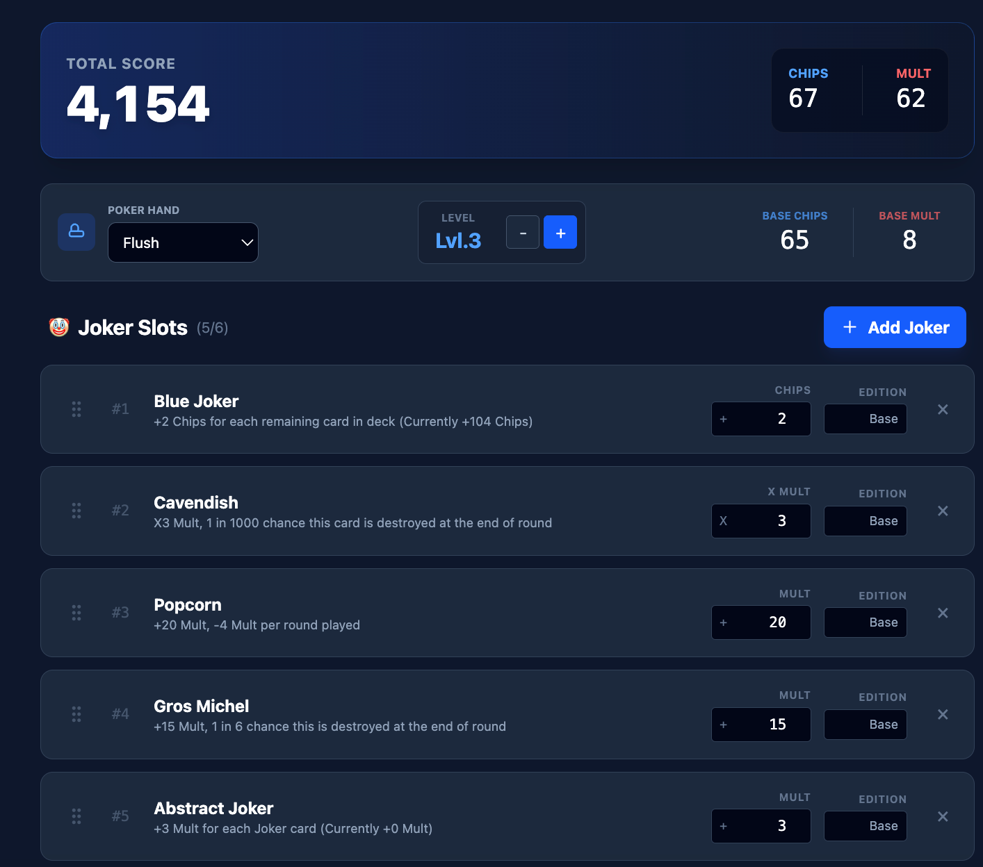 Balatro score calculation example showing a low score of 4,154 because the X Mult Joker (Cavendish) is placed incorrectly on the left side.