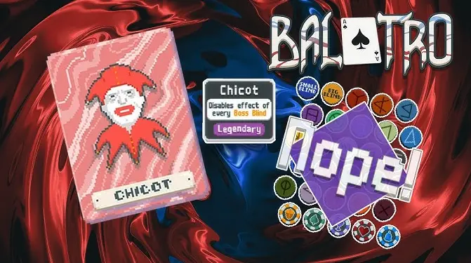 Legendary Joker Chicot disabling a Boss Blind effect in Balatro to save a run