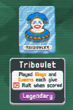 Triboulet combo with Sock and Buskin retriggering Face Cards for massive exponential score scaling in Balatro