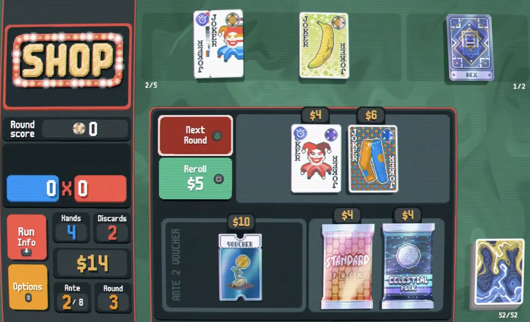 Balatro Ante 2 shop showing Spare Trousers for sale, enabling a fast pivot into Two-Pair scaling