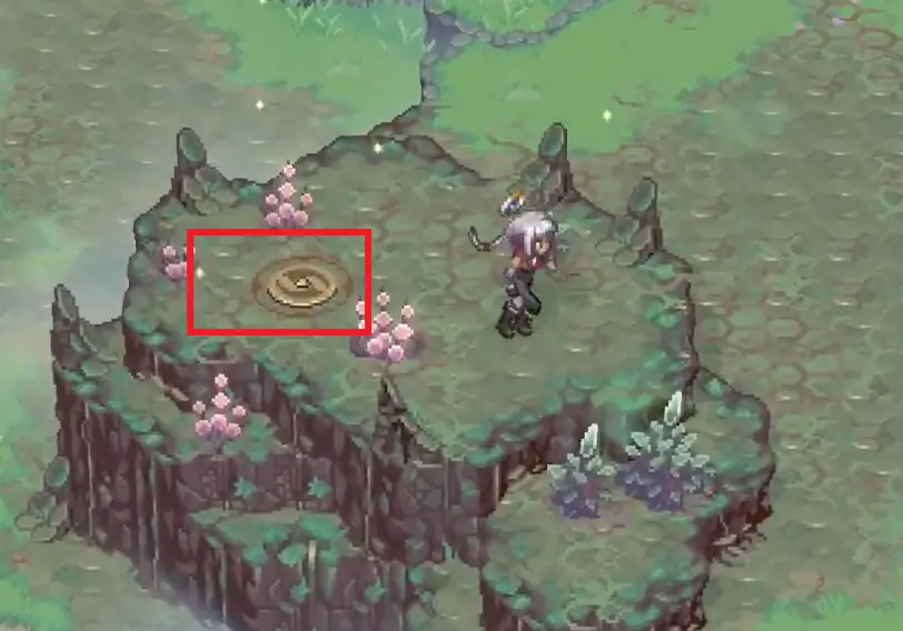 A player standing on an Aether panel and shooting a purple orb to solve a Trial of Aether room.