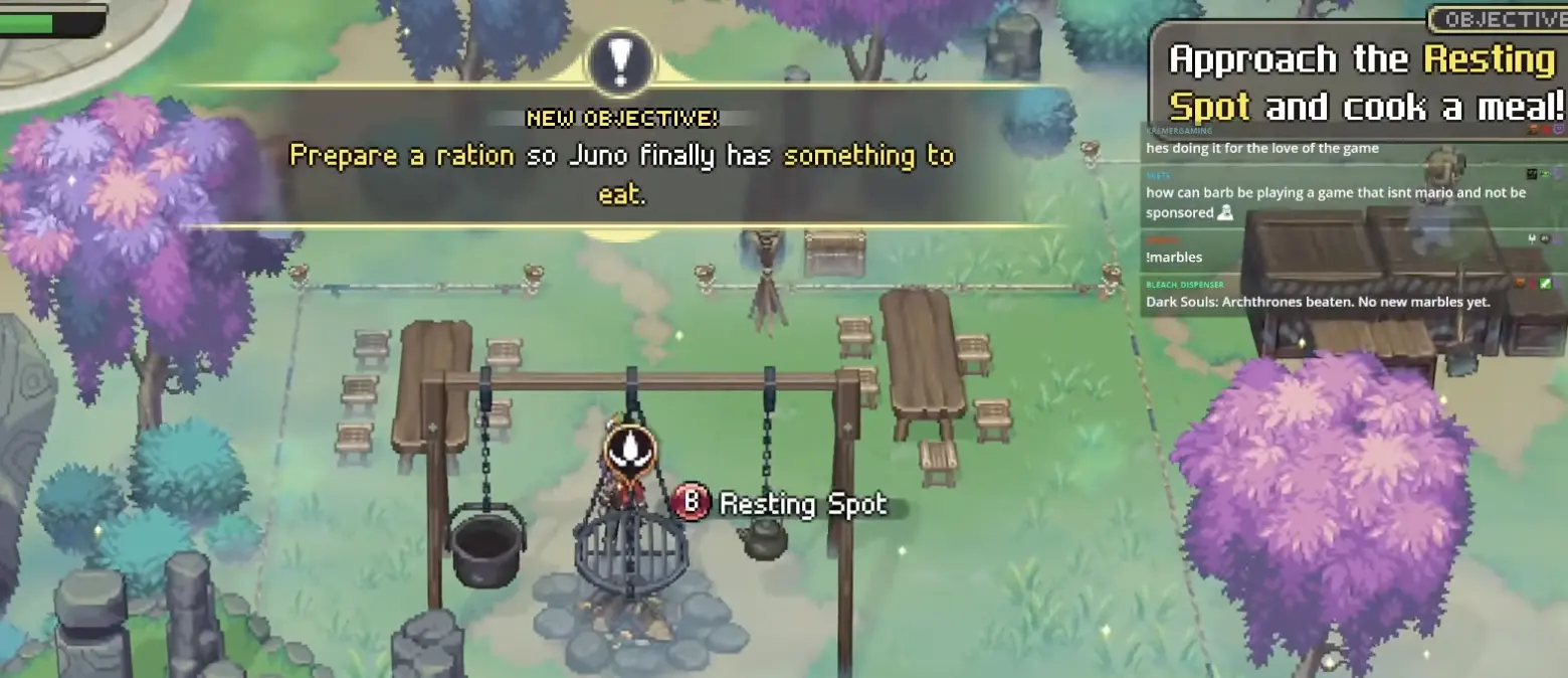 A player cooking food and learning how combat boosts work before returning to the field.