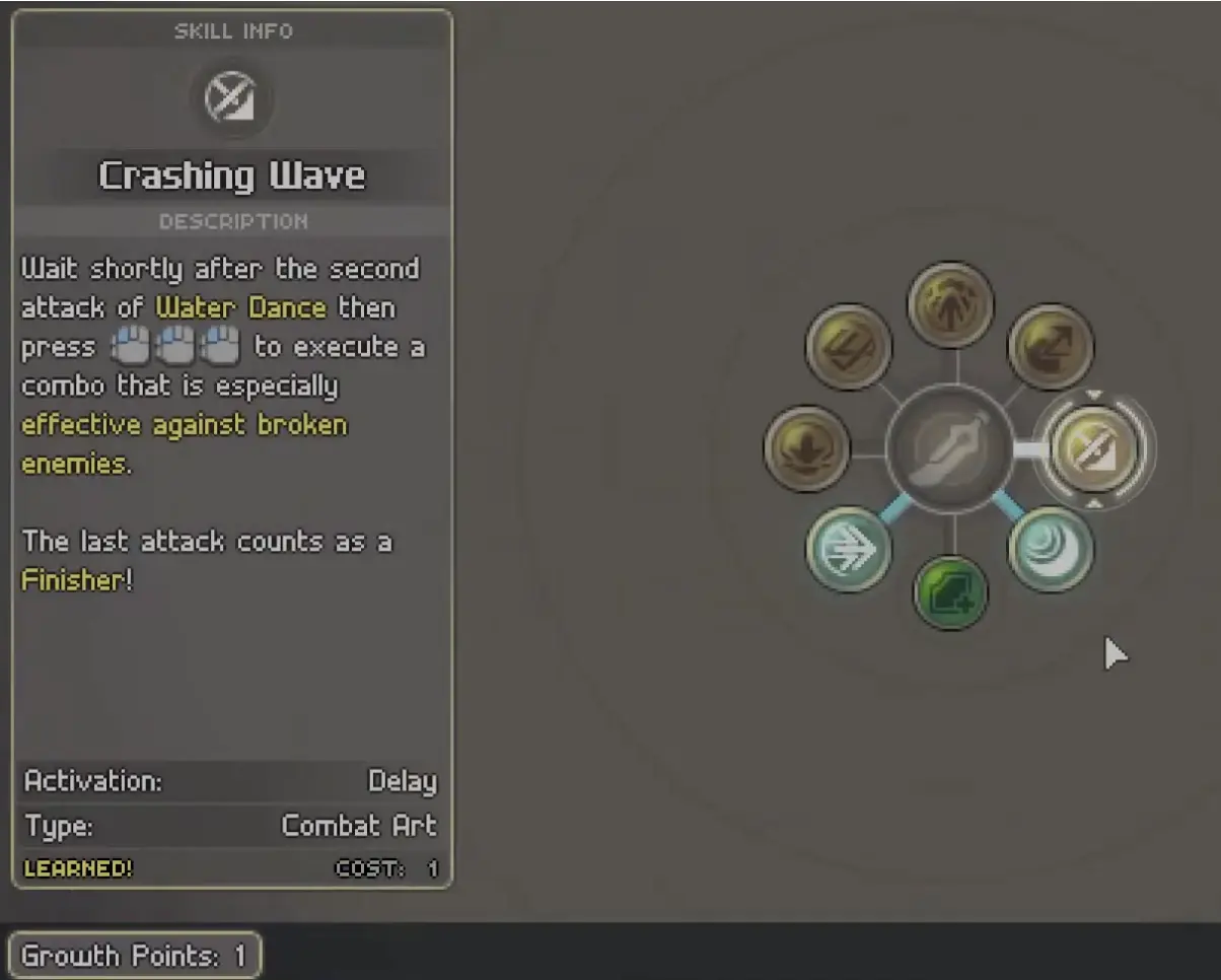 A player opening the Growth Chart and checking early weapon nodes, where each weapon starts building toward its own combat role.