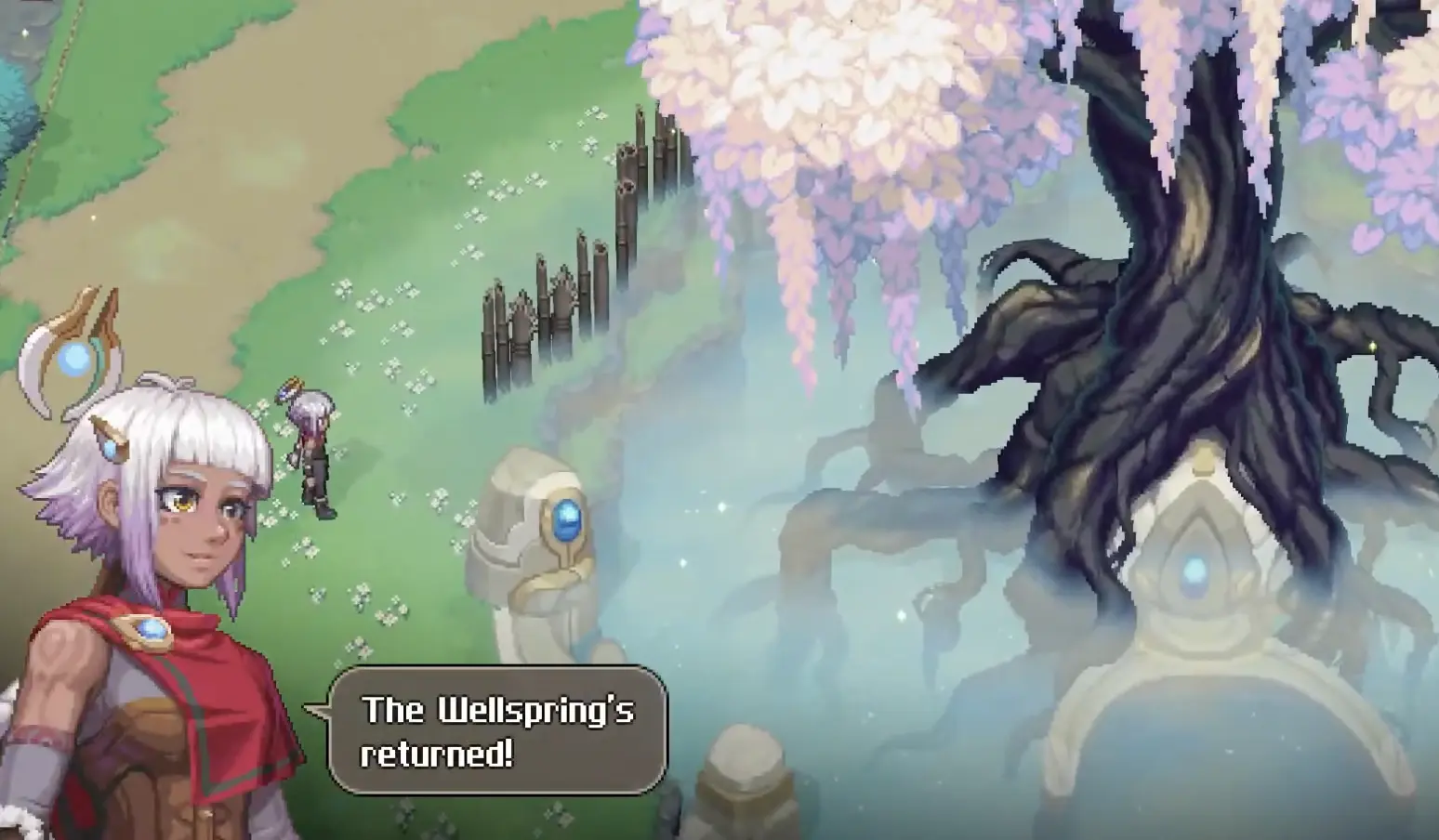A player looking over the restored village after the early curse is lifted, a good point to check the map, quests, and next upgrades.