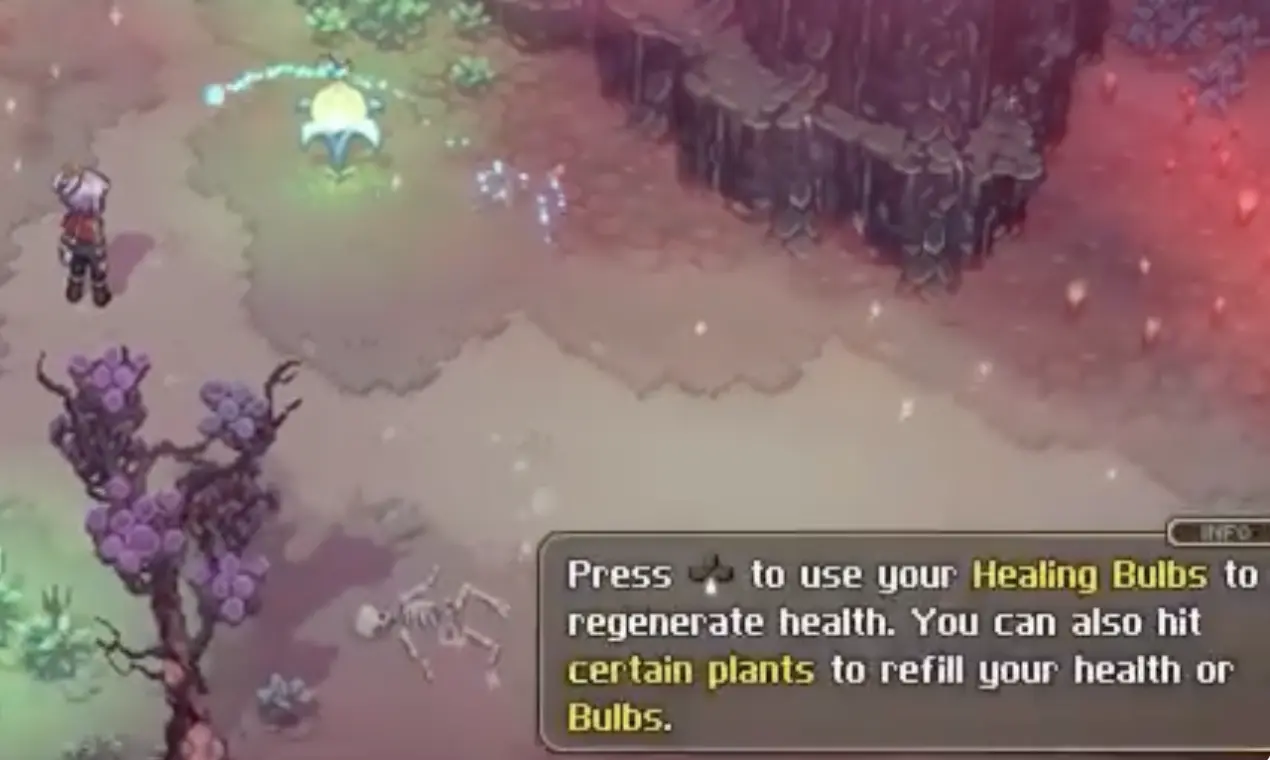A player near early healing plants and healing bulbs, the recovery tools you should track before pushing deeper.