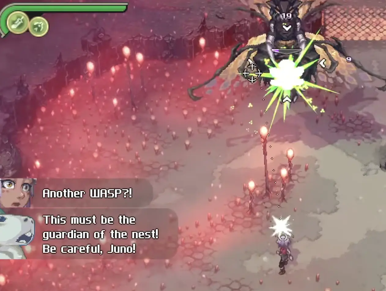 A player fighting Inferna Vespa in the nest arena, where break windows and projectile reactions matter more than chasing.