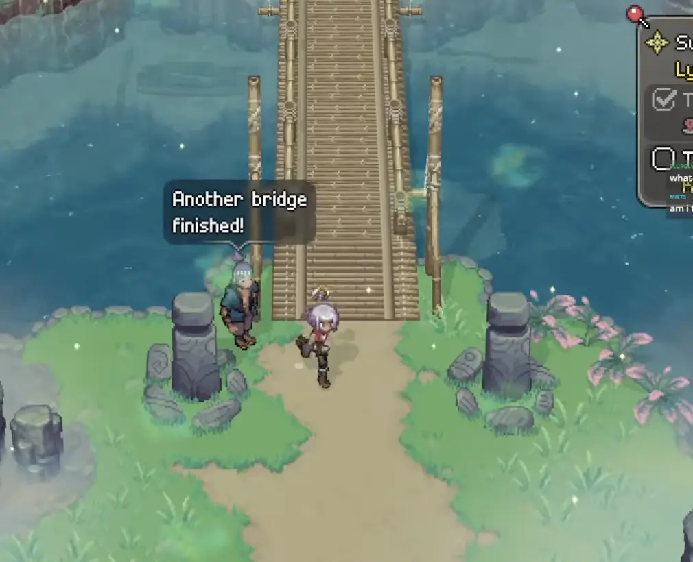 A rebuilt bridge route showing how side quest progress can change movement through the village and nearby fields.