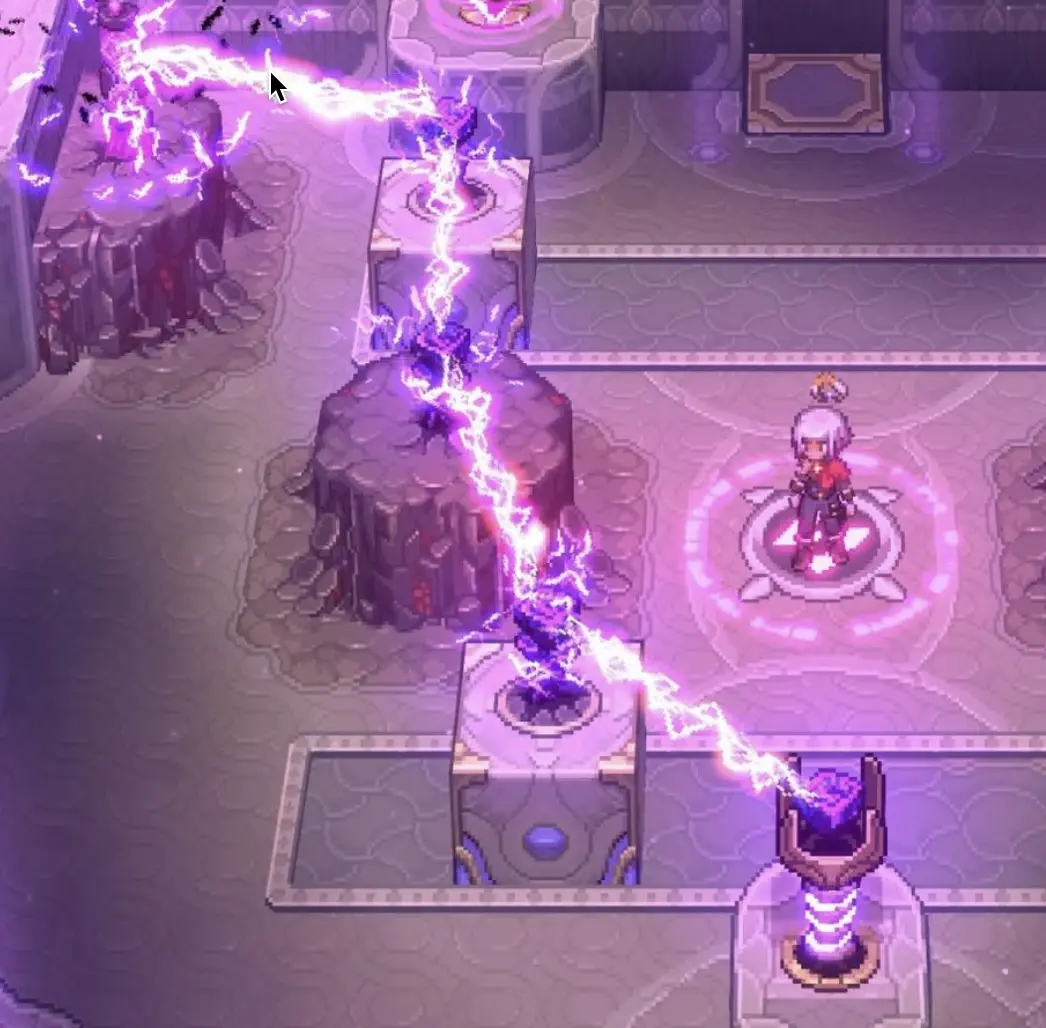 A player standing on an Aether panel and aiming at purple orbs, the core interaction behind several Trial of Aether rooms.