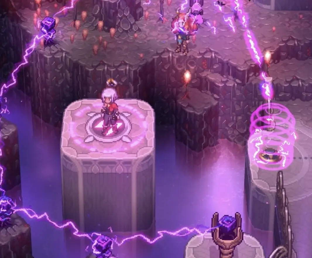 Annotated A5 block-chain puzzle showing the pedestal rock, two movable blocks, pillar, and final orb.