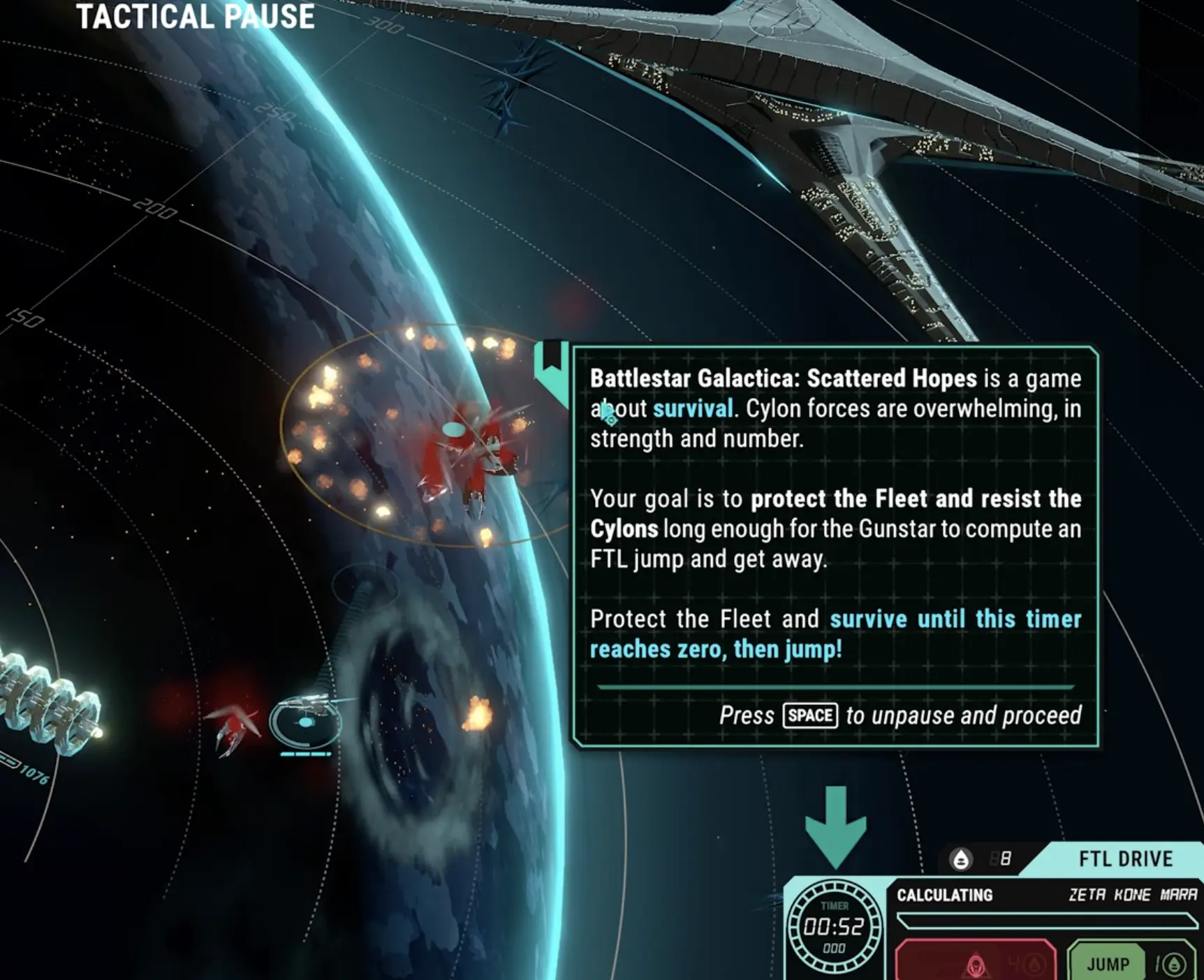 Battlestar Galactica Scattered Hopes combat screen showing FTL timer, enemy contacts, squadrons, missiles, and fleet defense positioning.