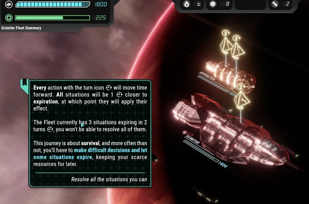 Battlestar Galactica Scattered Hopes crisis and situation timeline showing expiring problems, fleet health pressure, and limited turn choices.