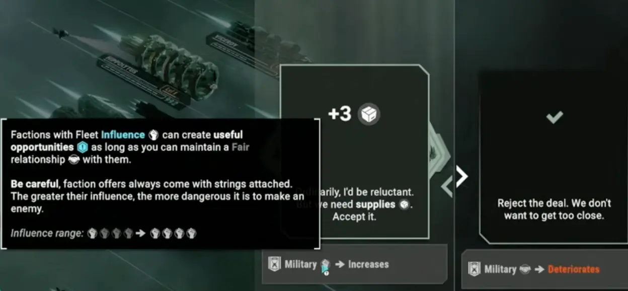 Battlestar Galactica Scattered Hopes faction overview showing faction relationship and influence.