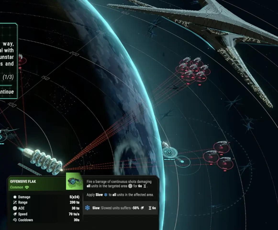 Battlestar Galactica Scattered Hopes Gunstar flak weapon targeting a group of Cylon raiders.