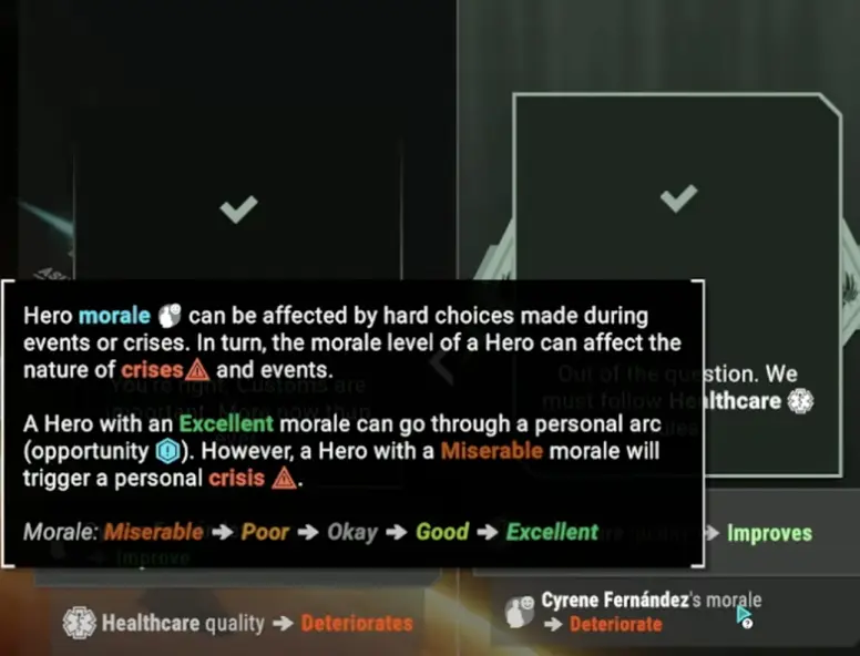 Battlestar Galactica Scattered Hopes hero morale explanation showing how hard choices can affect morale and trigger personal crises.