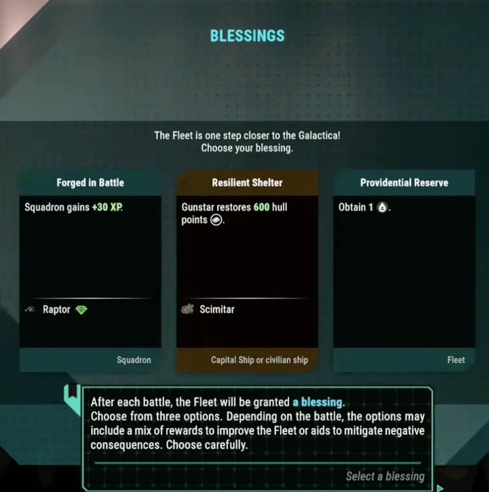 Battlestar Galactica Scattered Hopes post-battle blessing choice showing rewards such as squadron XP, hull restoration, or extra safe turns.