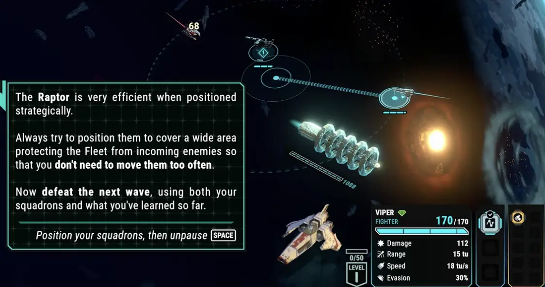 Battlestar Galactica Scattered Hopes Raptor positioning tutorial showing long-range artillery coverage over incoming enemies.