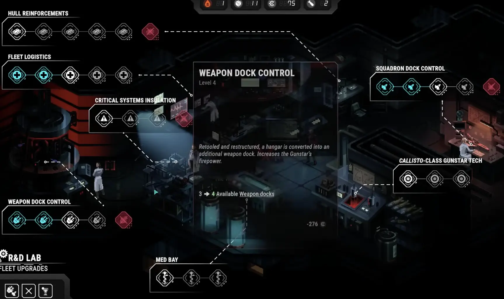 Battlestar Galactica Scattered Hopes R&D lab showing fleet upgrades such as hull, logistics, docks, and evasion.