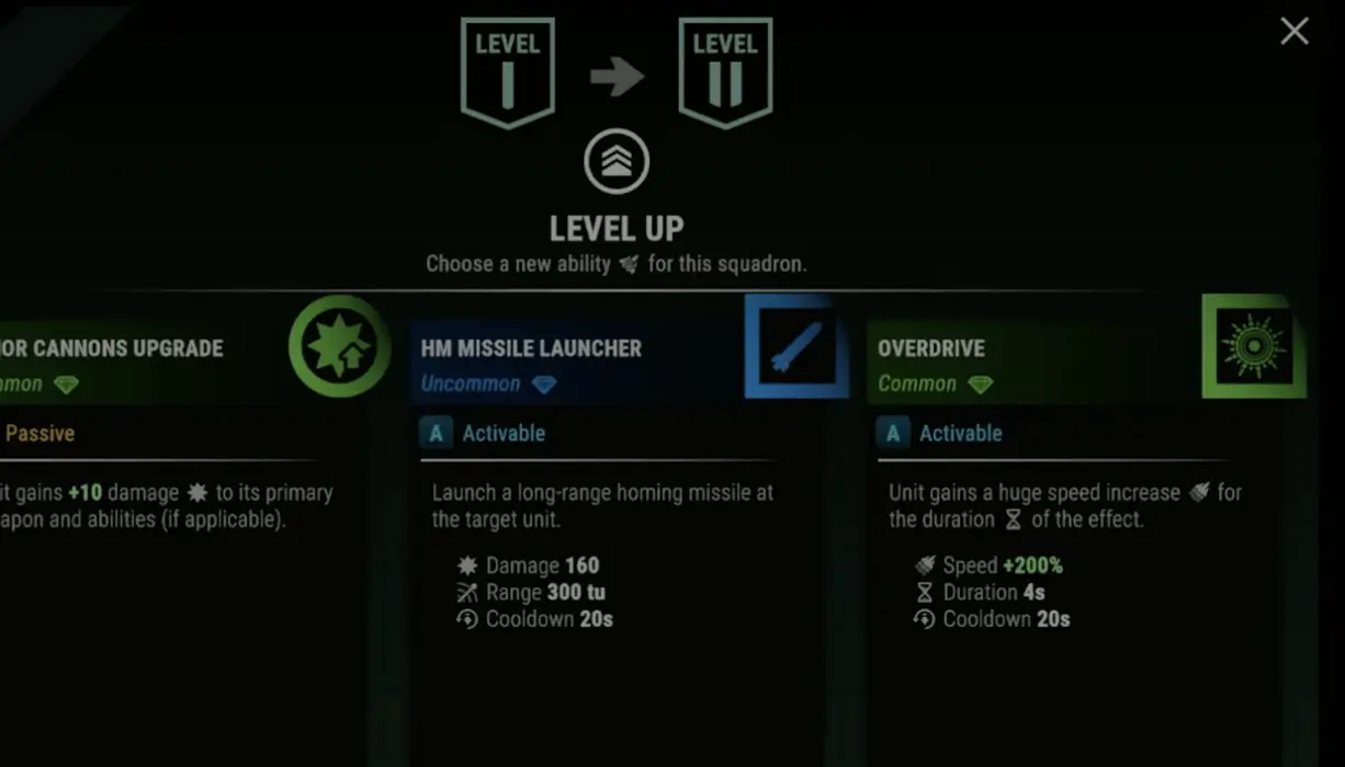 Battlestar Galactica Scattered Hopes squadron upgrade screen showing passive and activatable ability choices.
