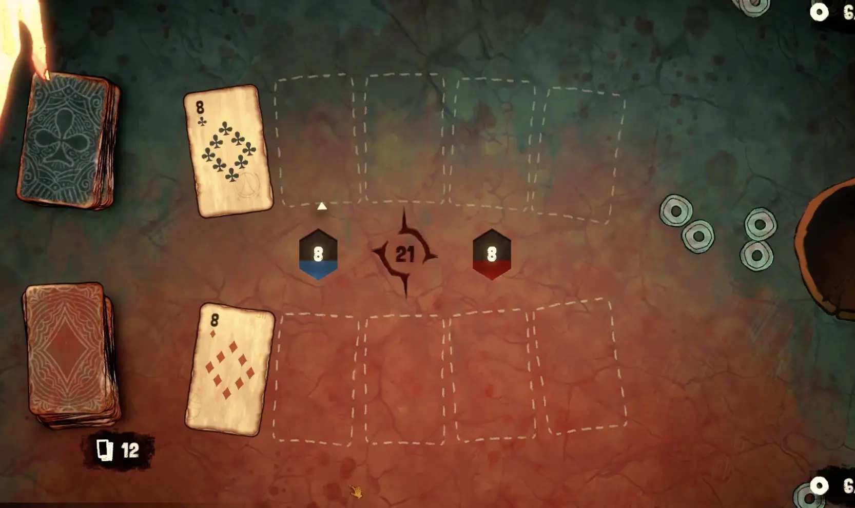 Black Jacket beginner guide overview showing the blackjack table, player cards, opponent cards, and coin pressure during an early encounter.
