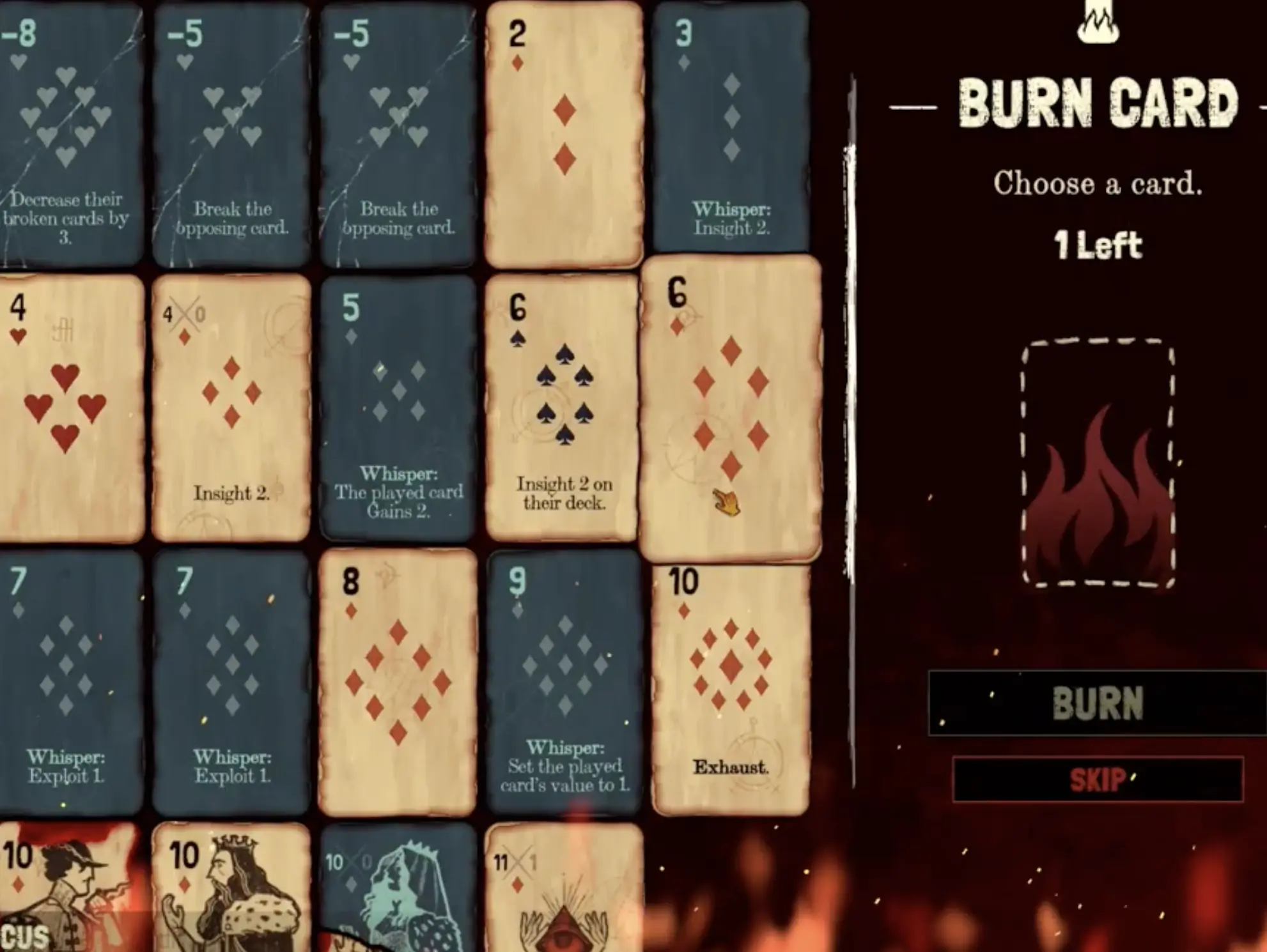 Black Jacket burn card choice showing a deck-thinning decision after an encounter or shop node.