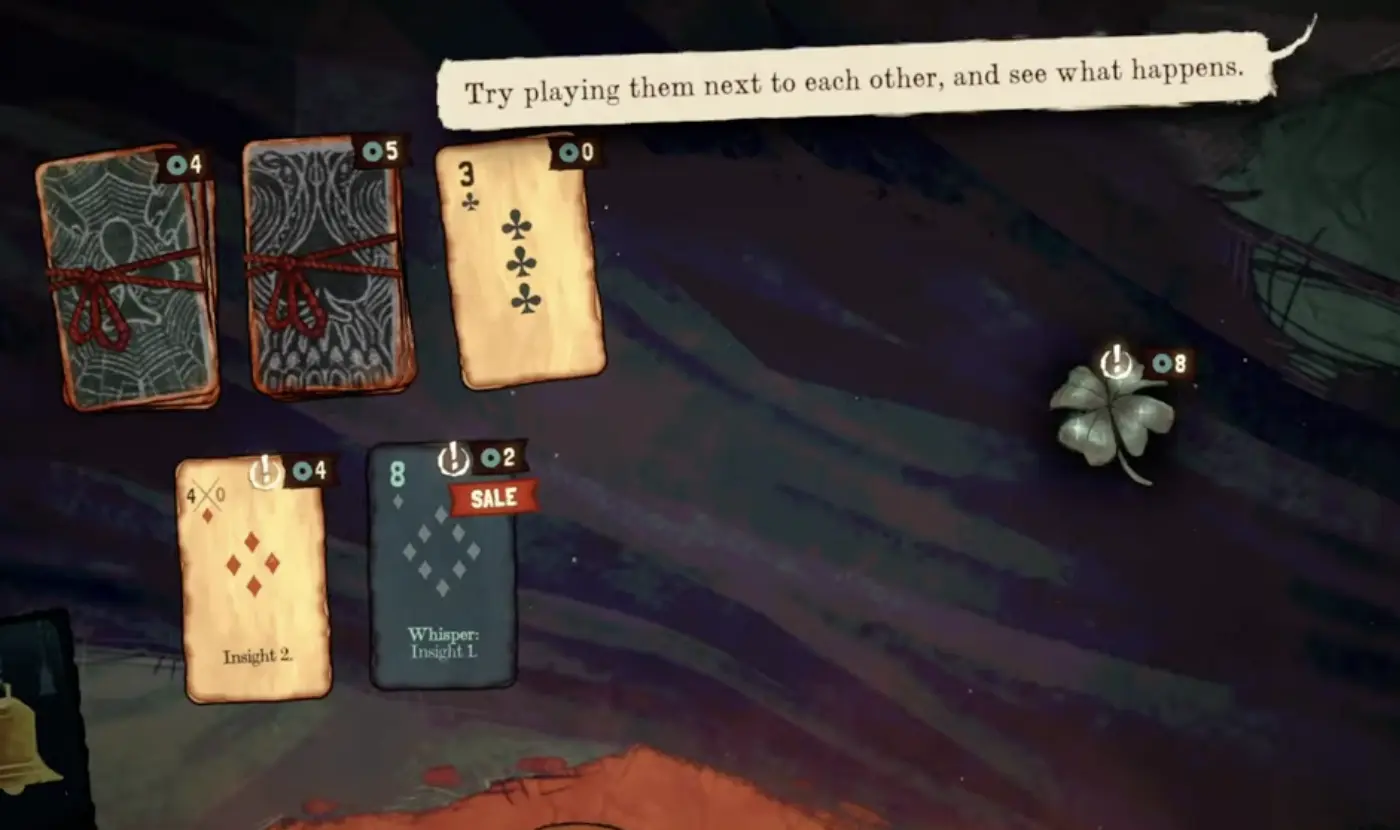 Black Jacket face cards tutorial hint showing that face cards can trigger special interactions when played next to each other.