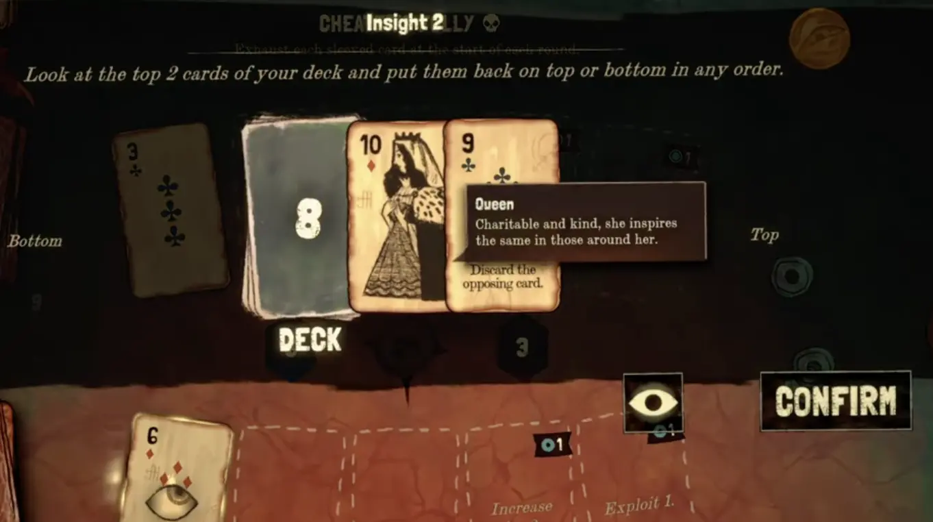 Black Jacket insight effect showing upcoming cards being checked and moved before the next draw.