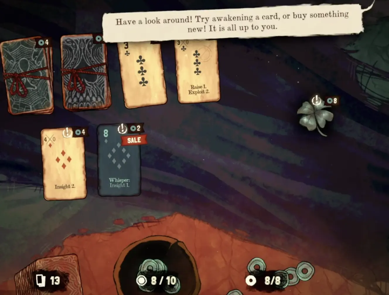 Black Jacket shop and awaken card screen showing early card upgrade options for deck building.