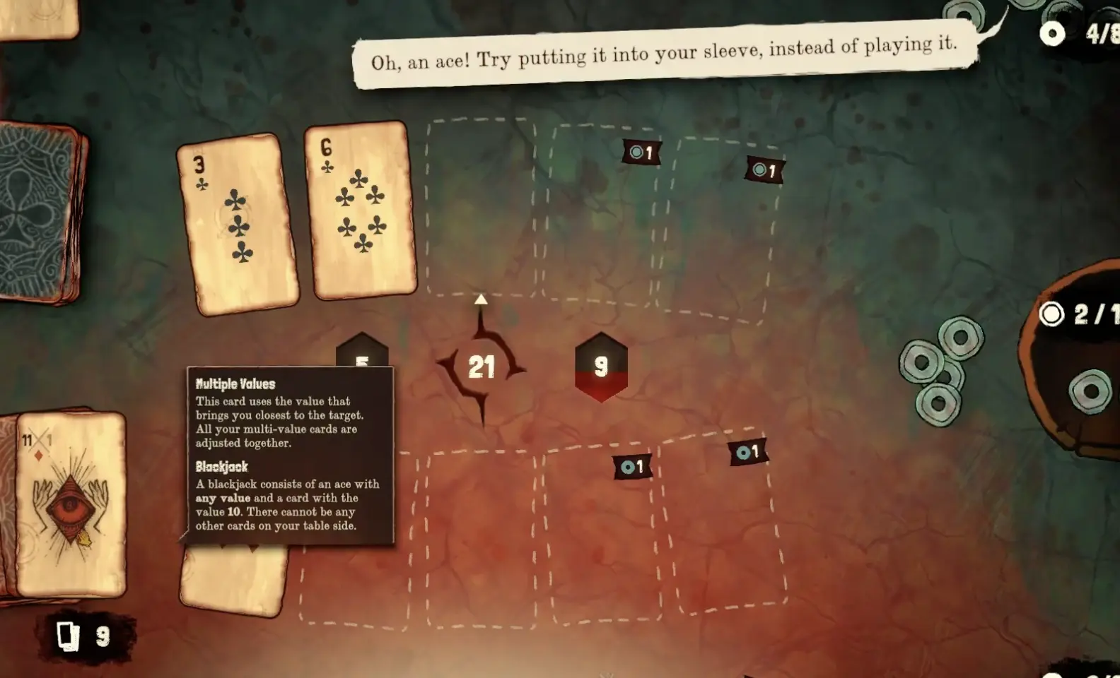 Black Jacket sleeve mechanic tutorial showing an Ace being placed into the sleeve instead of played immediately.