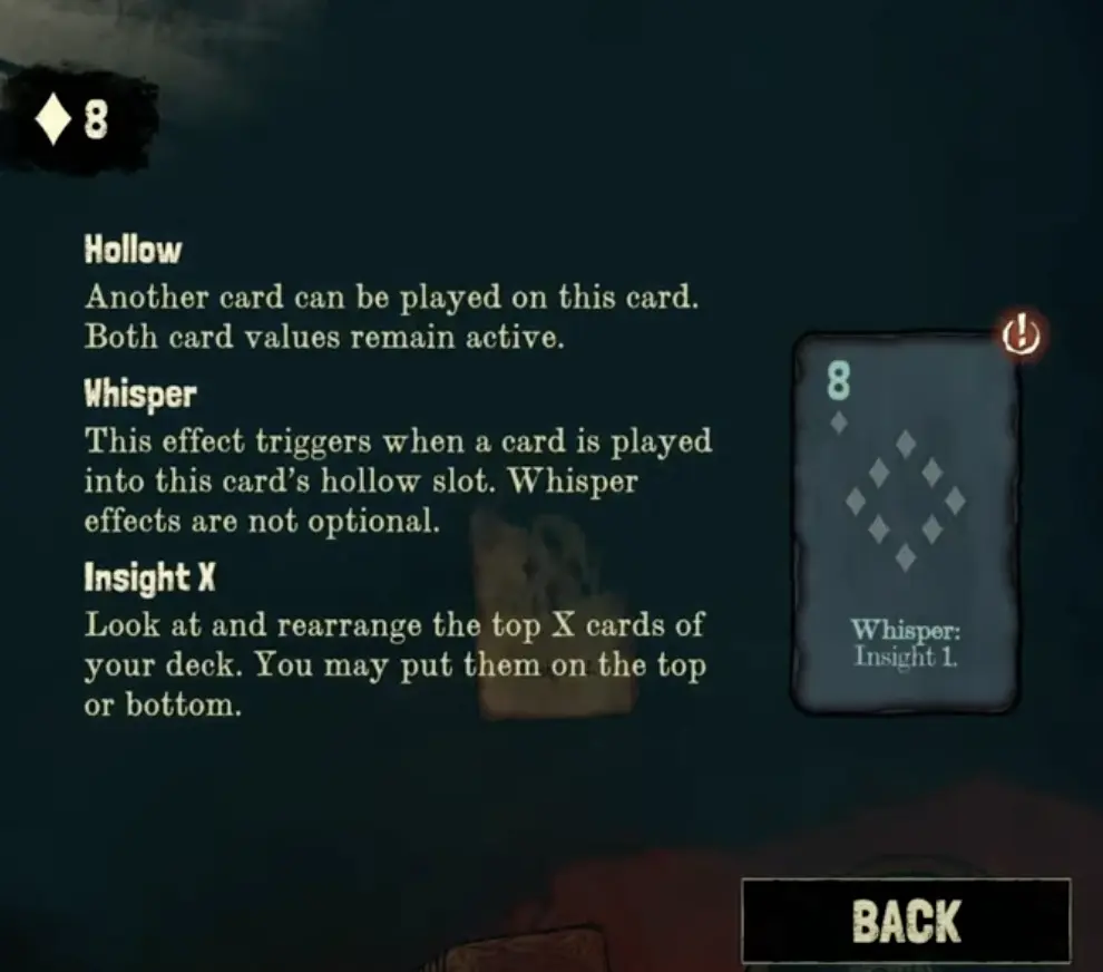 Black Jacket Hollow and Whisper tooltip explaining stacked cards and non-optional Whisper effects.