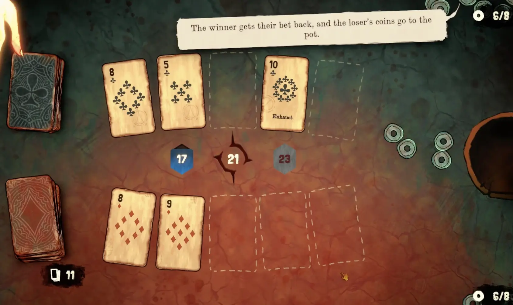 Black Jacket winner's pot tutorial showing how lost coins move into the pot and why coin pressure decides early encounters.