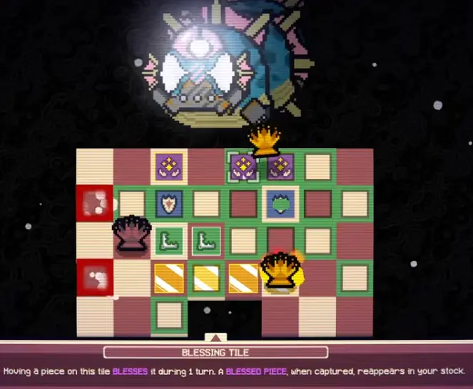 A queen trade in Gambonanza where Blessed protection can turn a dangerous capture into a recoverable play.