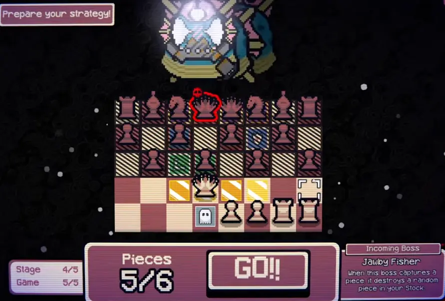 Jawby Fisher-style boss pressure in Gambonanza, where captures can punish pieces stored in stock.
