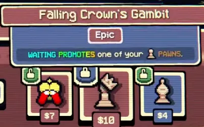 Falling Crowns Gambit in Gambonanza, where waiting can upgrade a pawn and support a queen-promotion plan.
