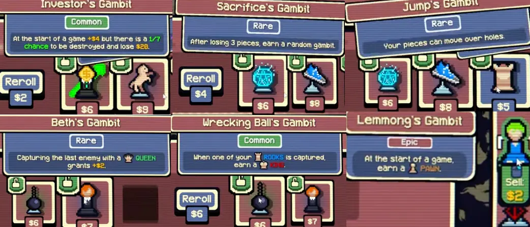 Jumps Gambit appearing in the shop near Beth and Wrecking Ball options, making it useful for crumble-heavy boards.