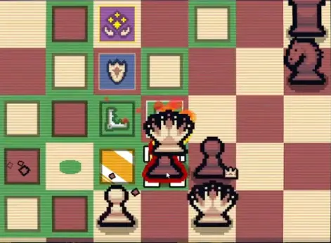 A cursed-tile boss situation in Gambonanza where cursed squares affect safe movement and piece placement.