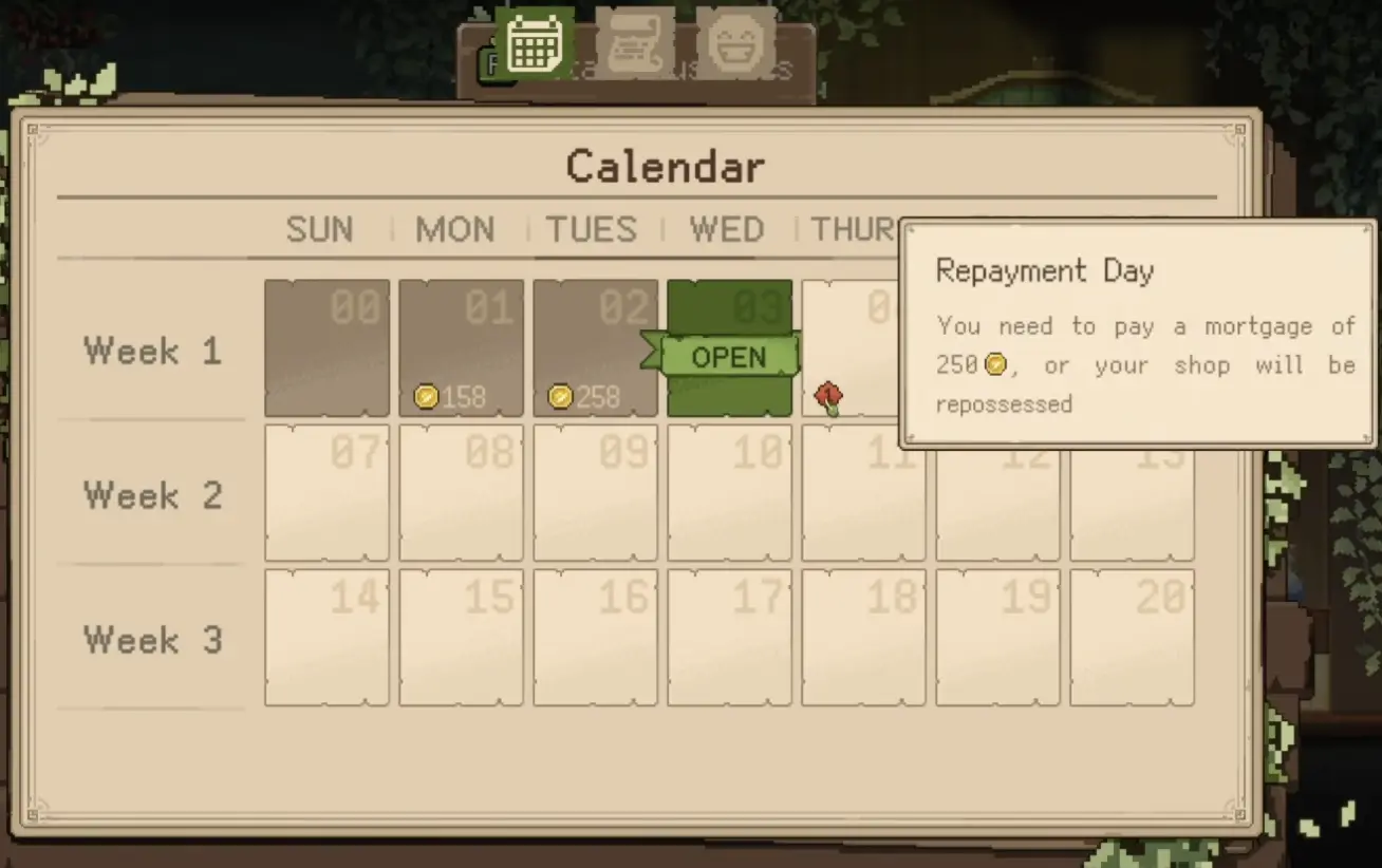 Goblin Vyke calendar showing the first week rent day and the 250 gold payment pressure.