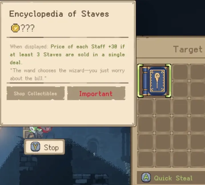 Goblin Vyke Encyclopedia of Staves collectible that boosts staff prices when displayed.