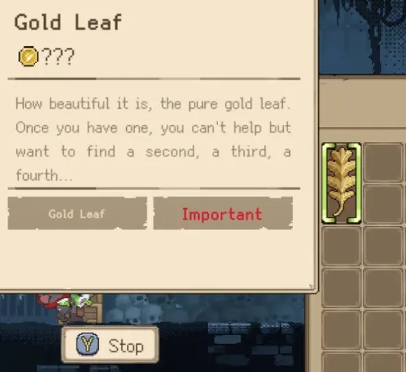 Goblin Vyke Gold Leaf important item tooltip explaining it opens specific doors and can be checked through the biting chest if lost.