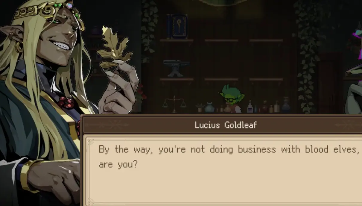 Lucius Goldleaf collecting payment from Vyke in Goblin Vyke.