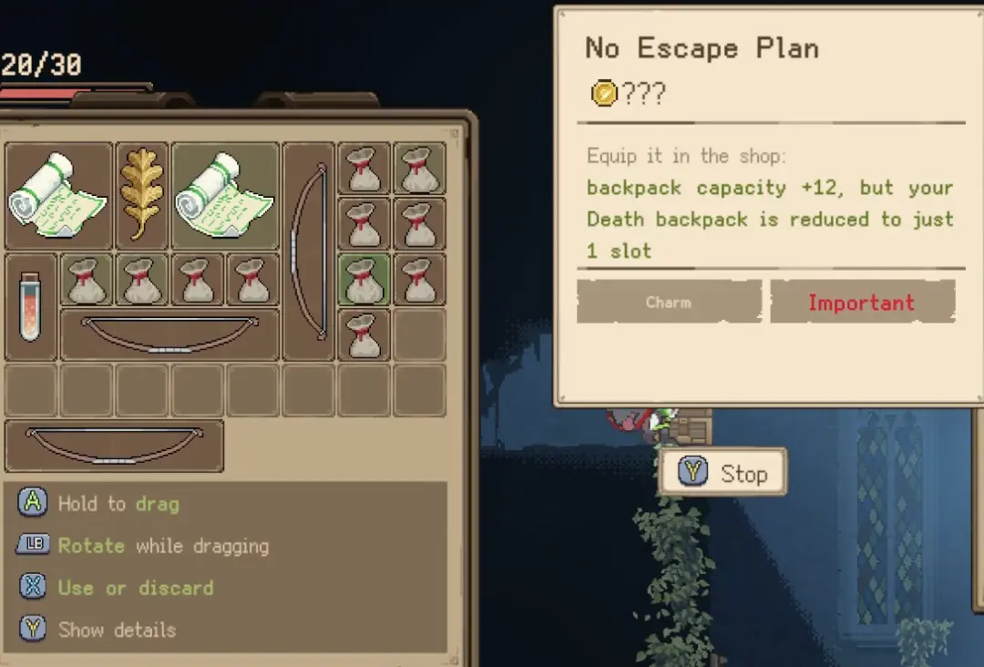 Goblin Vyke No Escape Plan charm tooltip showing backpack capacity plus 12 and death backpack reduced to one slot.