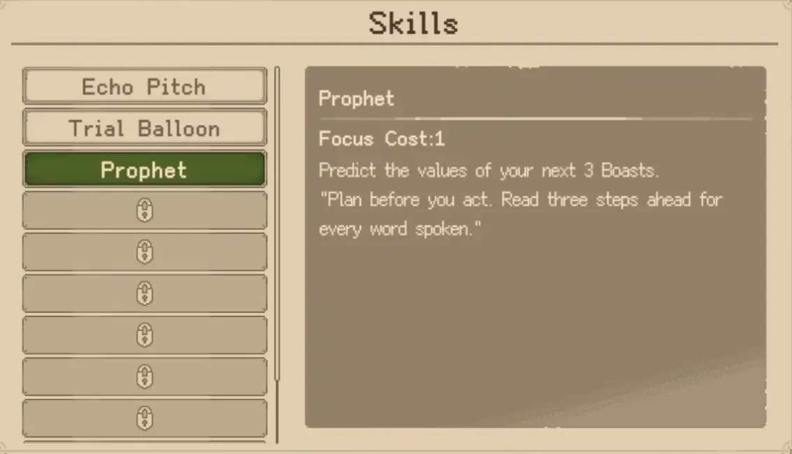 Goblin Vyke Profit skill showing predicted values for the next three boasts.
