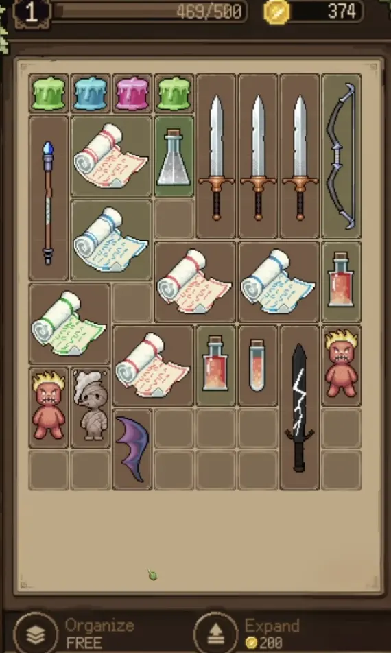 Goblin Vyke shop inventory screen showing organize and expand storage options.