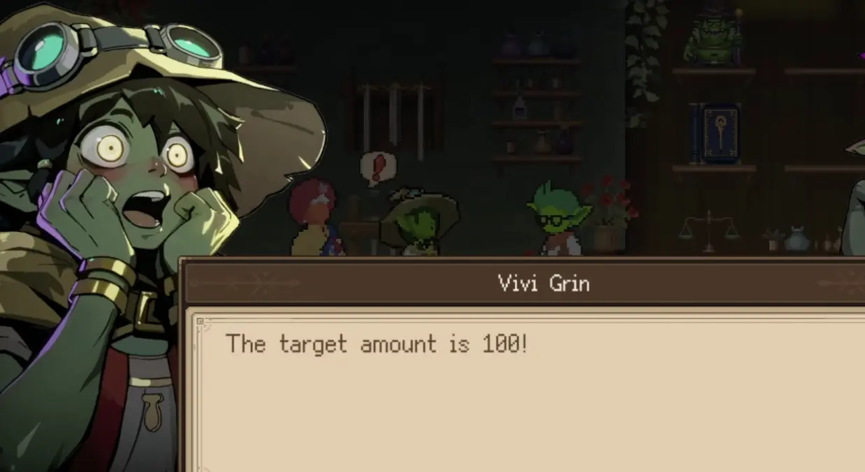 Goblin Vyke Vivv Grin haggling practice scene where the target amount is 100.