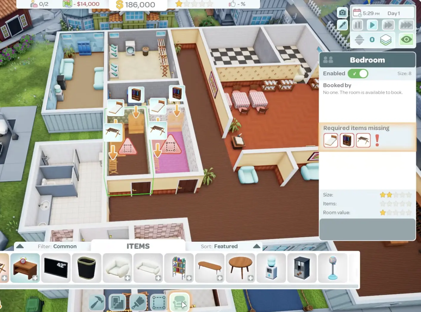 Hotel Architect bedroom zoning with required bedroom items before the room becomes useful.