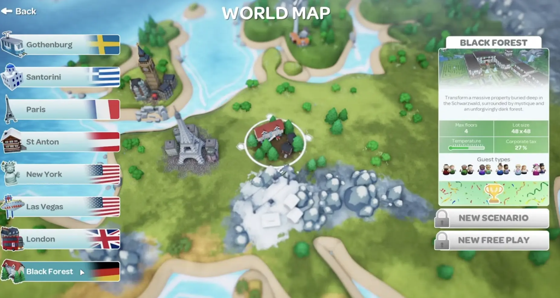 Hotel Architect campaign map showing the main locations and 1.0 scenario progression.