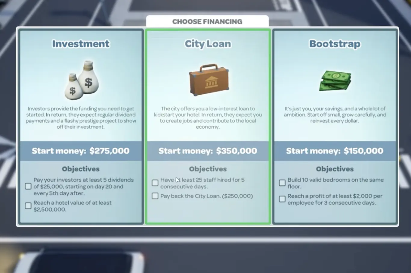Hotel Architect New York financing choice screen showing Bootstrap, City Loan, and Investment.