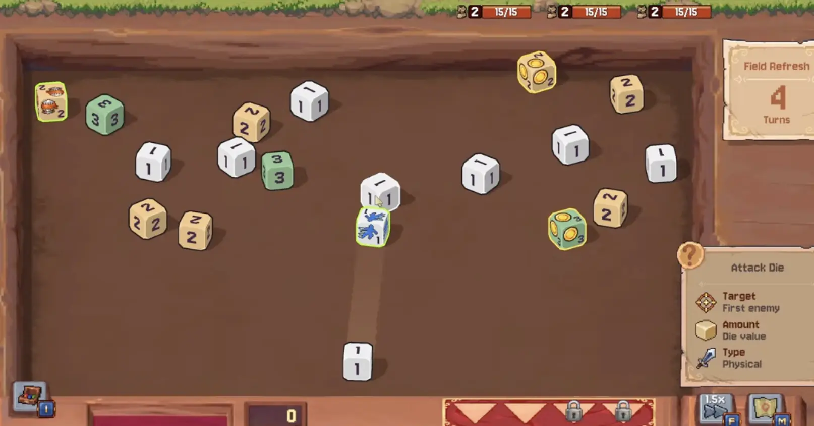 A basic Rune Dice merge where matching dice chain into higher values.