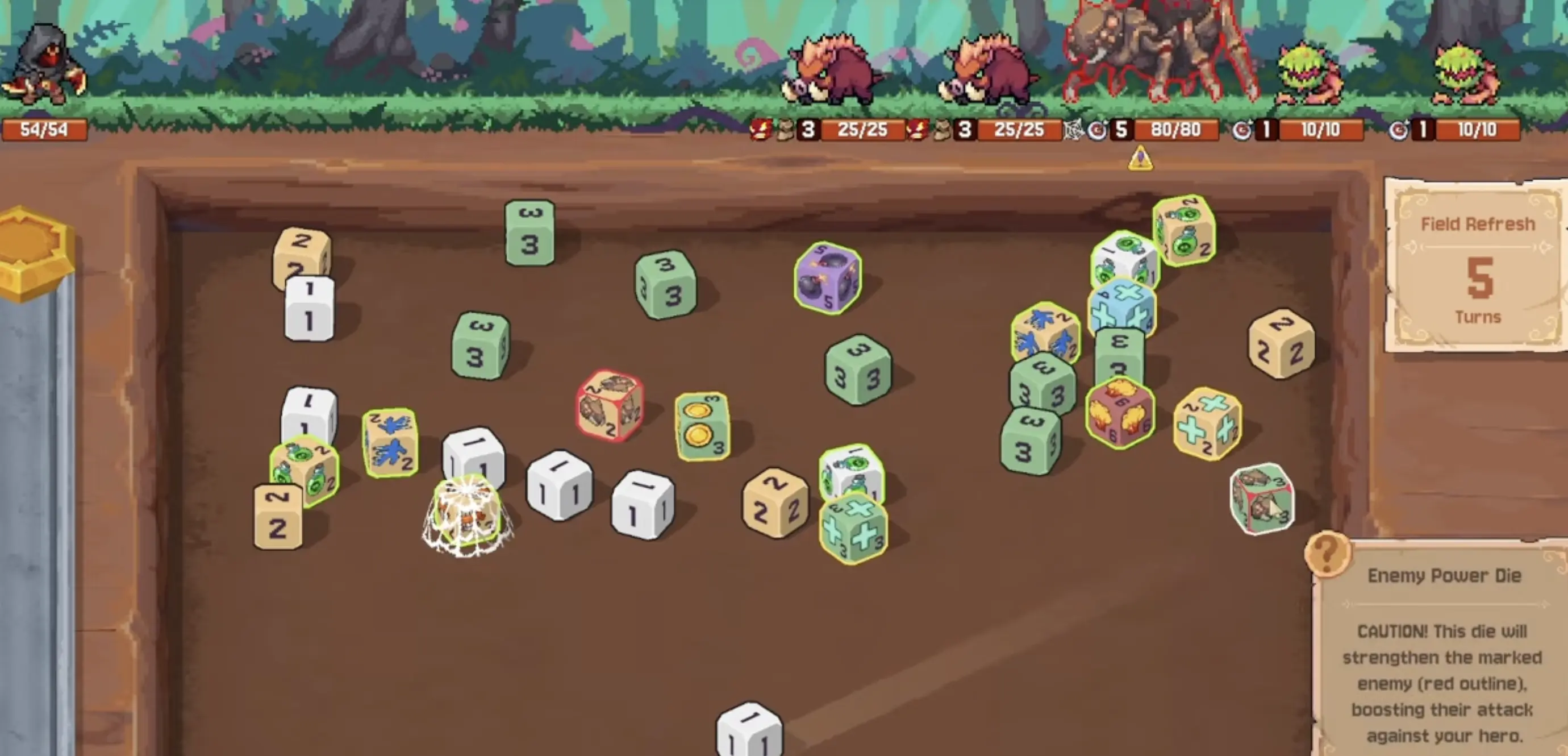 A Rune Dice boss fight with enemy pressure and dangerous board control problems.